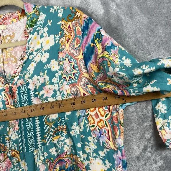 Women Dress  Large Made‎ In Italy Mix Print Patch Dress Fairy Bell Sleeve - Picture 5 of 12